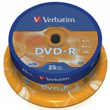 DVD-R VERBATIM SPINDLE 25 ΤΕΜΑΧΙΑ 4.7GB 16X 120MIN AZO MATT SILVER SURFACE 43522