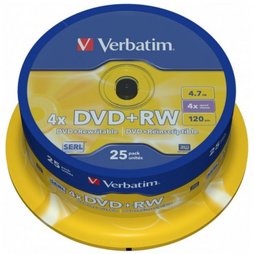 DVD+RW VERBATIM SPINDLE 25 ΤΕΜΑΧΙΑ 4.7GB 4X 120MIN MATT SILVER SURFACE 43489