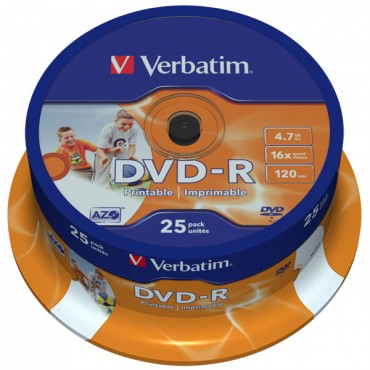 DVD-R VERBATIM SPINDLE 25 ΤΕΜΑΧΙΑ 4.7GB 16X 120MIN WIDE PRINTABLE SURFACE 43285